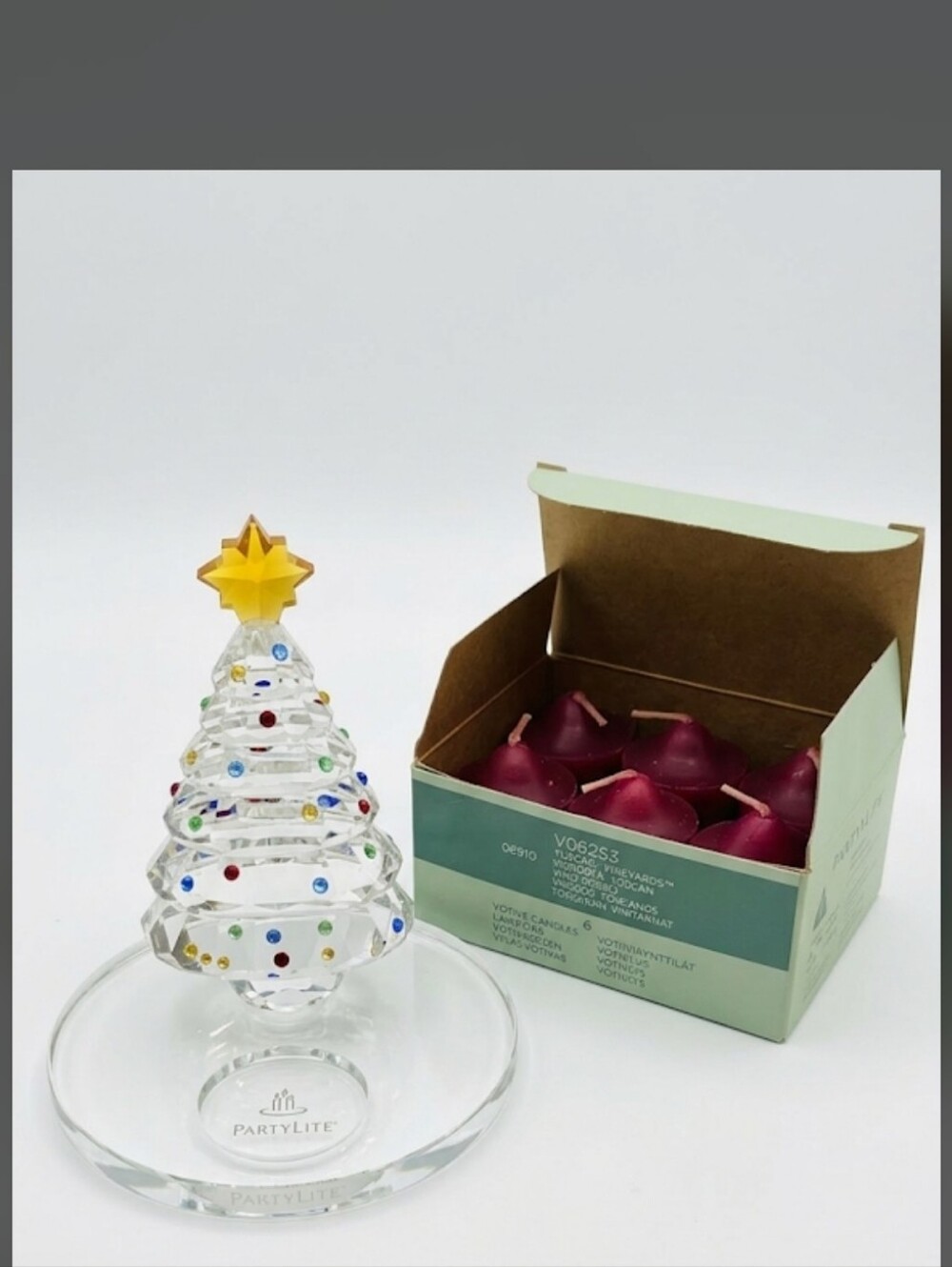 PartyLite Crystal Christmas Tree Tealight/Votive Holder Set & V06253 Tuscan Vine